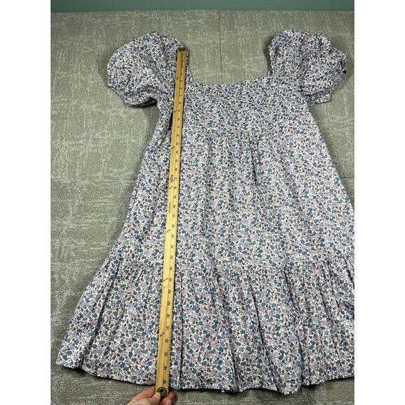 Uniqlo Floral Short Sleeve Puffer Shoulder Boho Mini Dress Size L - Picture 2 of 6